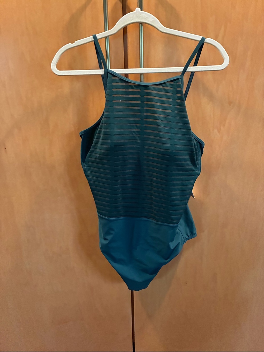 High-Neck Cypress Green One-Piece Swimsuit with Sheer Striped Bodice